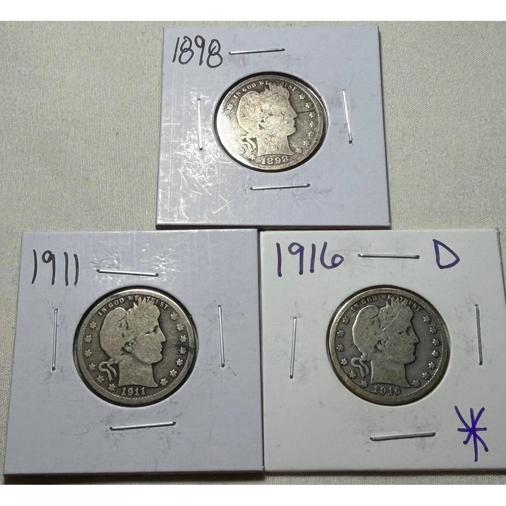 Lot of 3 Barber Quarters 1898 1911 1916-D US Silver Coins 25c Estate Find
